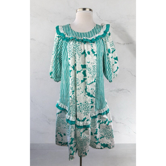 Vintage Tori Richard Floral Striped Muu Muu Ruffled Dress Green White Medium - Picture 16 of 16